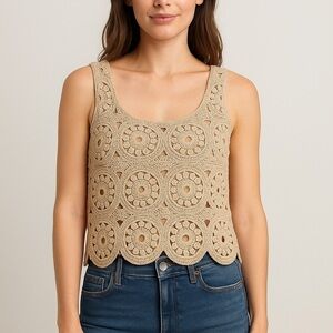 🧶 Alya Boho Crochet Tank Top Beige Neutral Festival Beachwear S